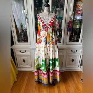 FARM Rio Mixed Picnic Tiered Maxi Dress with Fruit & Stripe Print M